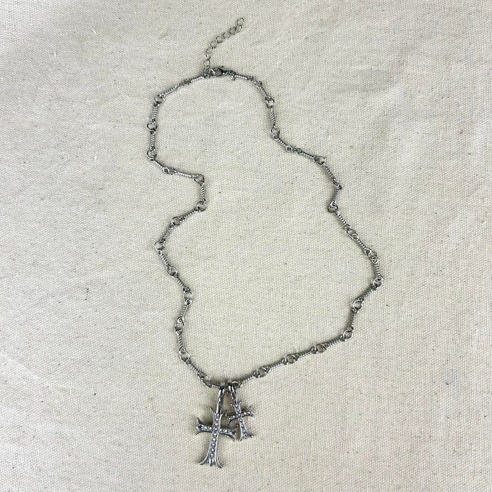 Vintage Y2K silver double cross opium style necklace diamond chain
